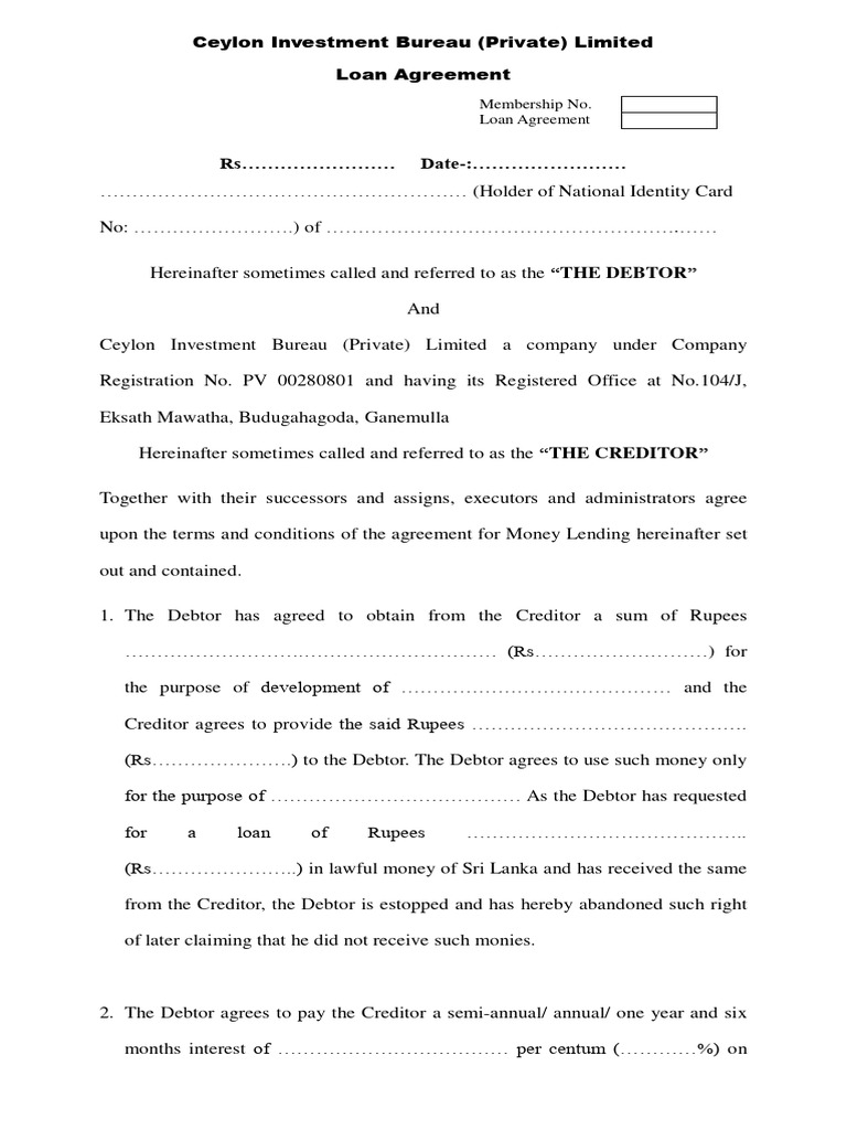 Ceylon Investment Bureau Loan Agreement | PDF | Surety | Debt
