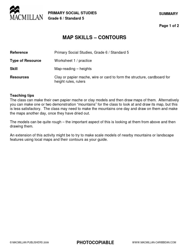 Grade 6 Contour Map Skills Worksheet | PDF | Contour Line | Mountains