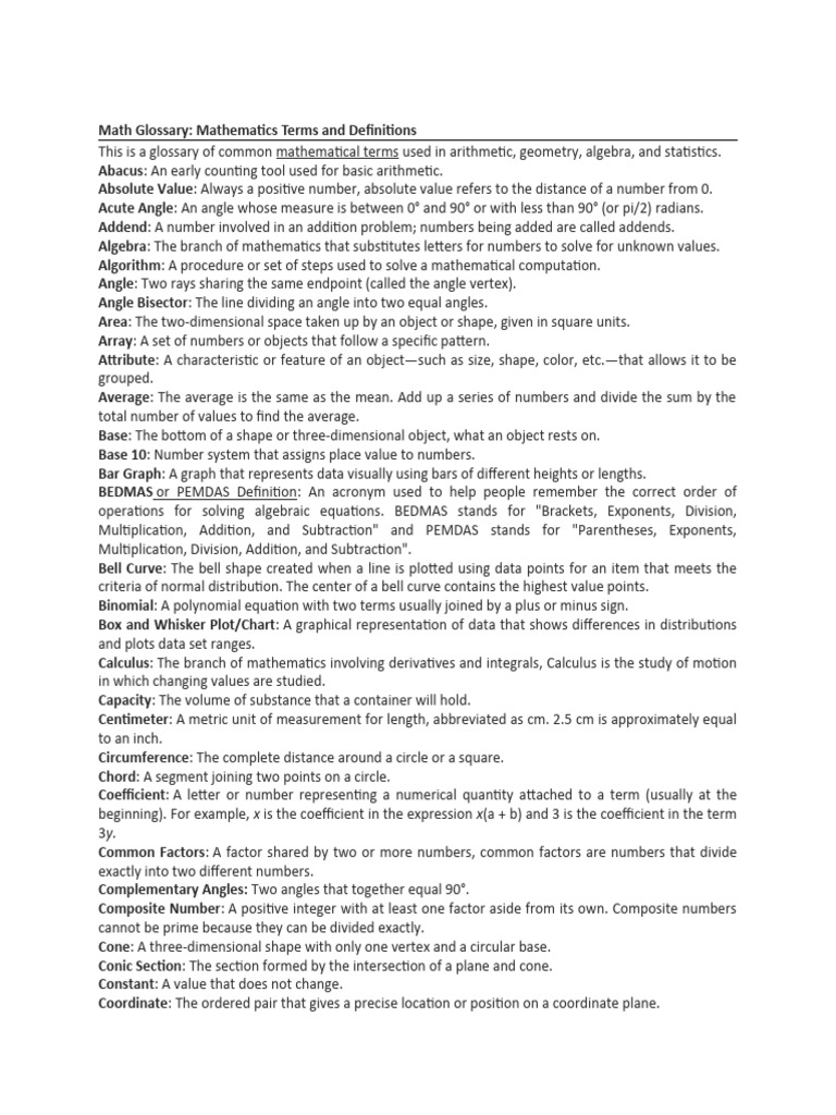 Math Glossary PDF Numbers Circle