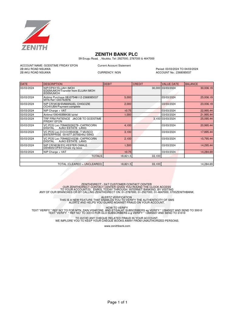 Zenith Bank Current Account Statement | PDF | Cheque | Financial Services