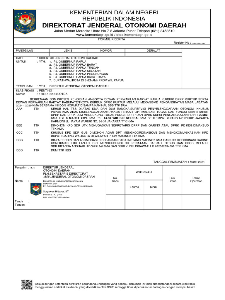 Panggilan Rakor DPR Papua 2024 | PDF