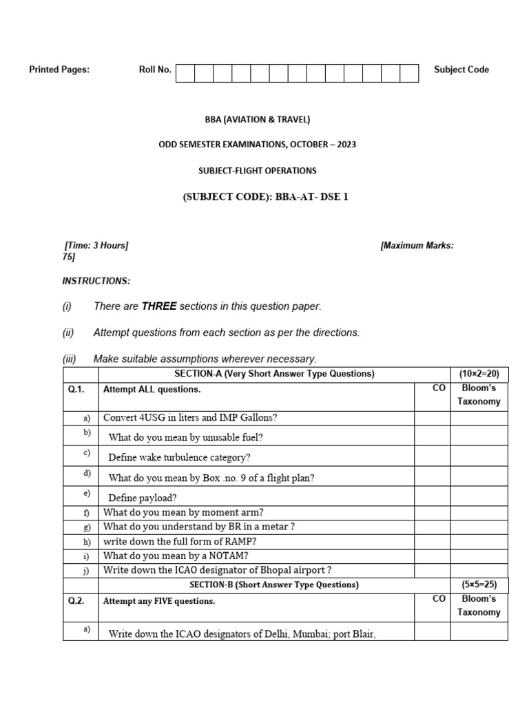 BBA Aviation Flight Operations Exam 2023 | PDF | Aviation | Aerospace