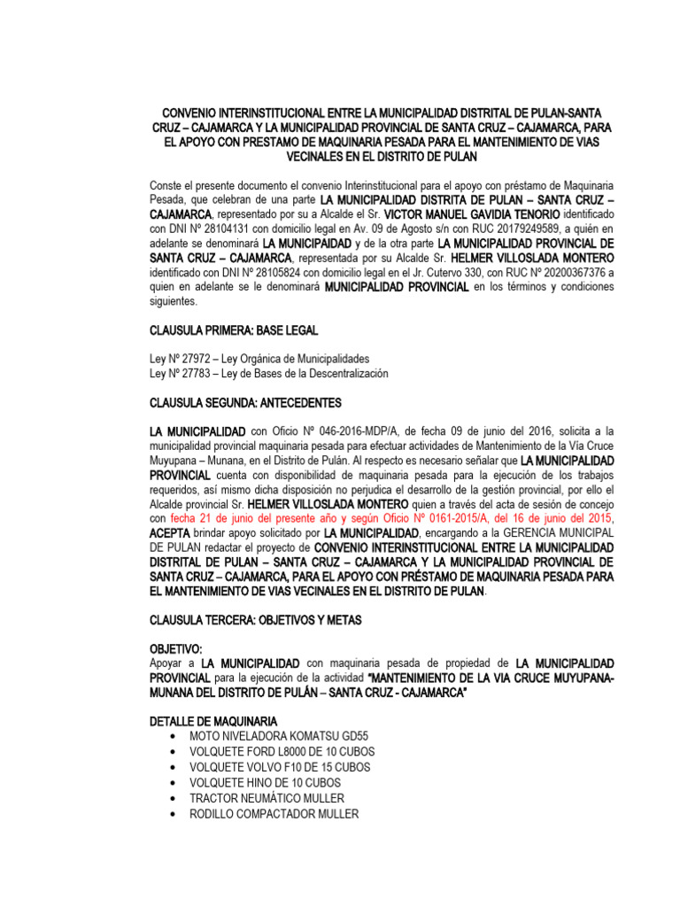 Convenio Interinstitucional Entre La Municipalidad Distrital De Pulan