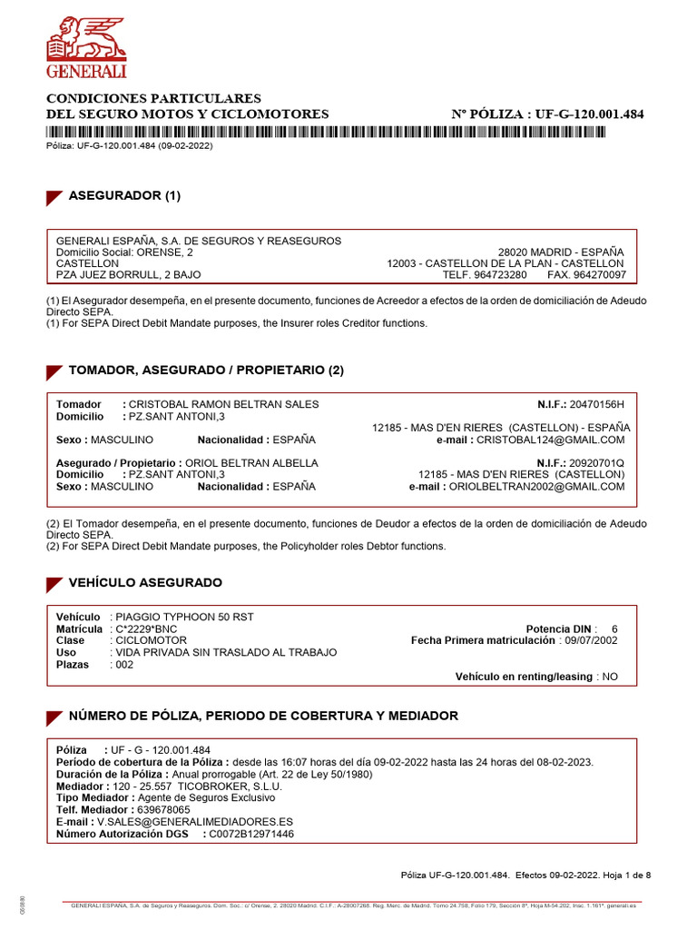 Moto Piaggio UF - G - 120001484 | PDF | Póliza de seguros | Seguro