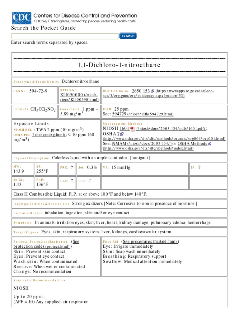 NIOSH Guide: 1,1-Dichloro-1-nitroethane | PDF | Working Conditions ...