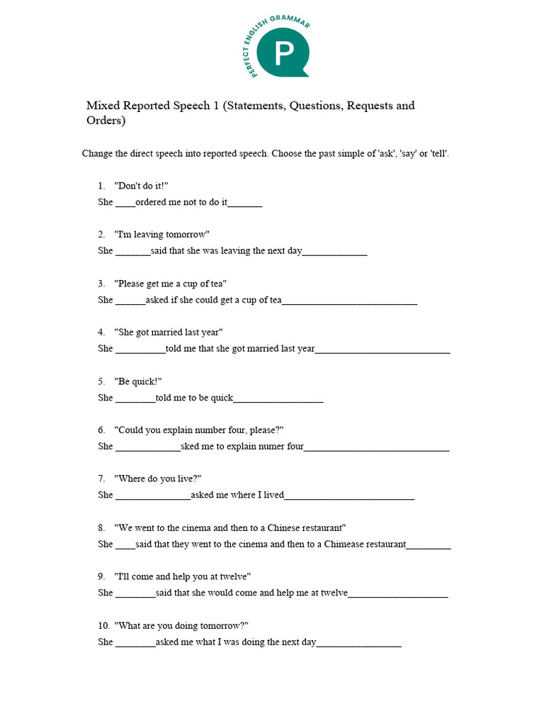 Reported - Speech - Mixed - Exercise - 1 (PDF - Io) | PDF