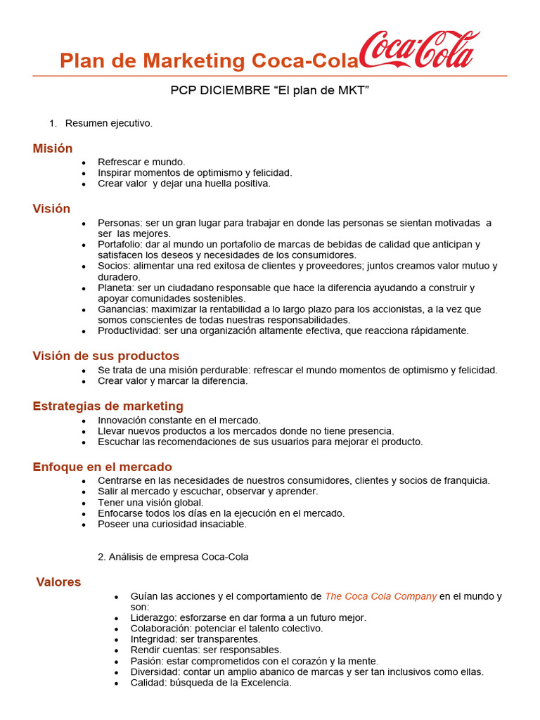 Plan de Marketing Coca-Cola | Descargar gratis PDF | Coca Cola | Marketing