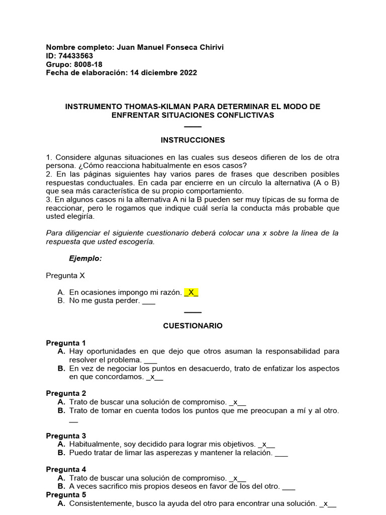 Resultados del Test Thomas-Kilmann | PDF