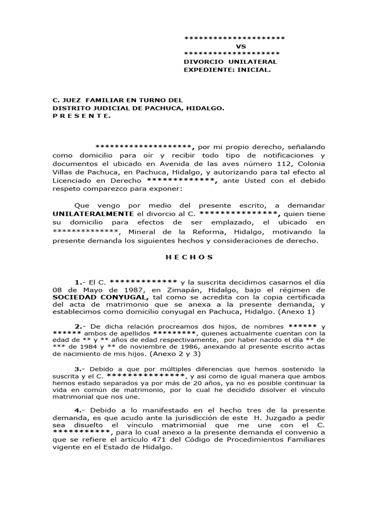 Divorcio Unilateral Hidalgo Pdf Divorcio Pensión Alimenticia