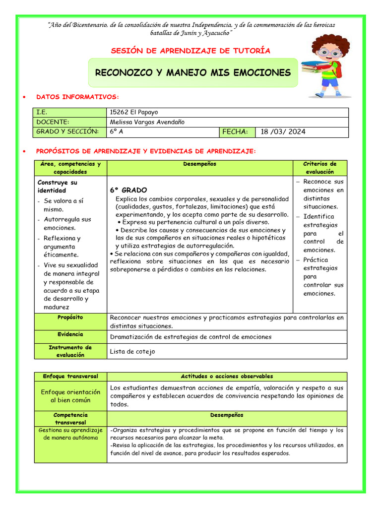 Reconozco Y Manejo Mis Emociones: Sesión de Aprendizaje de Tutoría ...