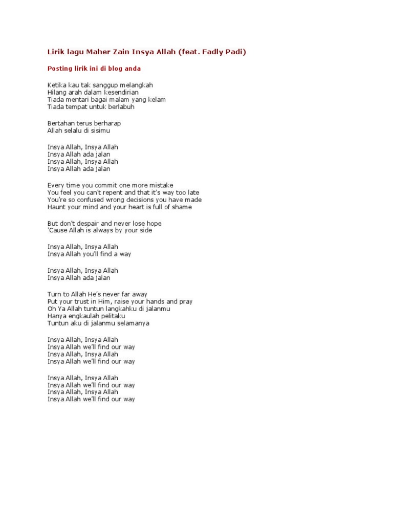 Lirik Lagu Maher Zain Insya Allah