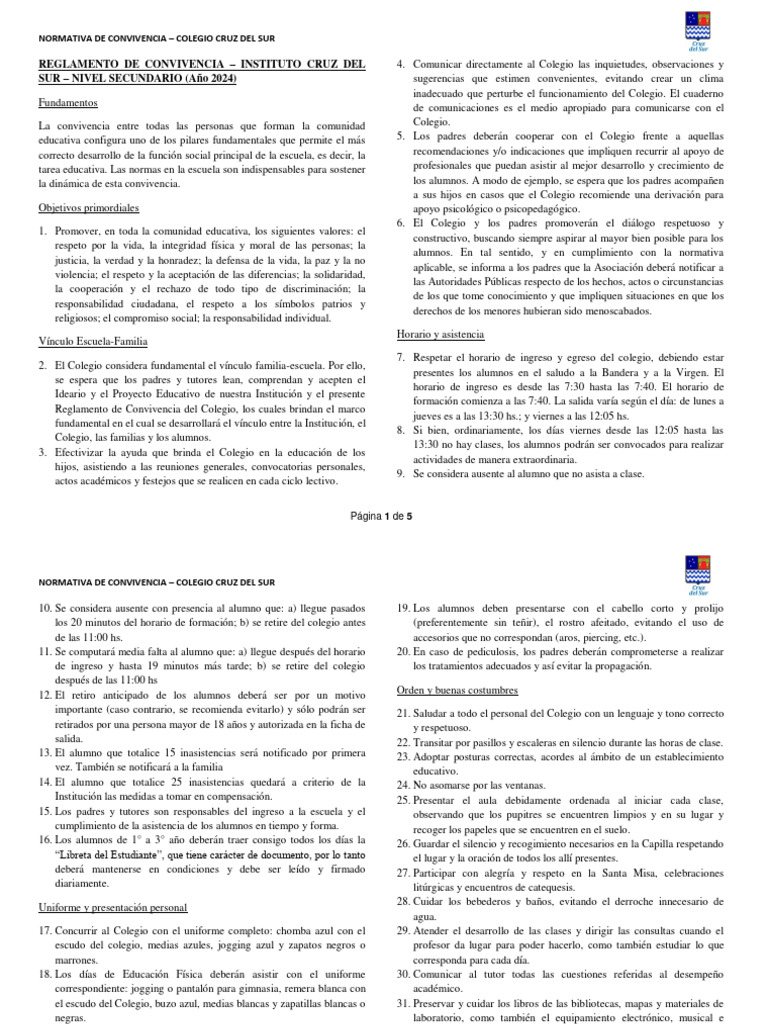 Reglamento de Convivencia Escolar 2024 | PDF | Escuelas