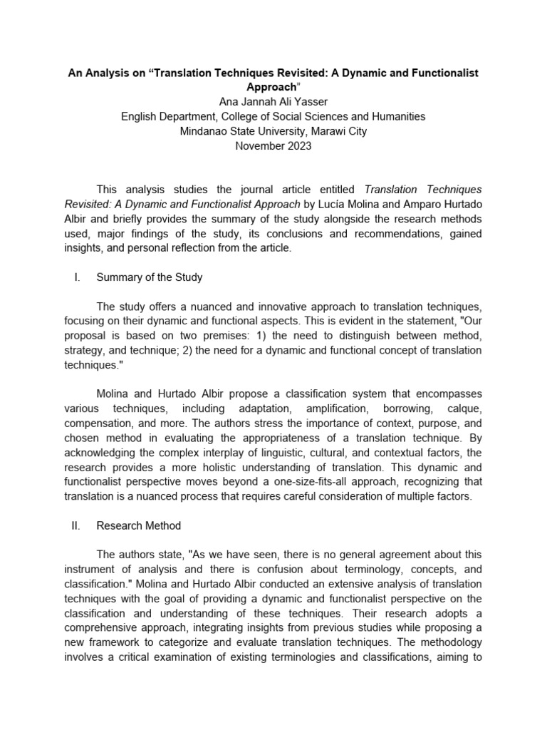 Analysis of Translation Techniques Revisited | PDF | Translations ...