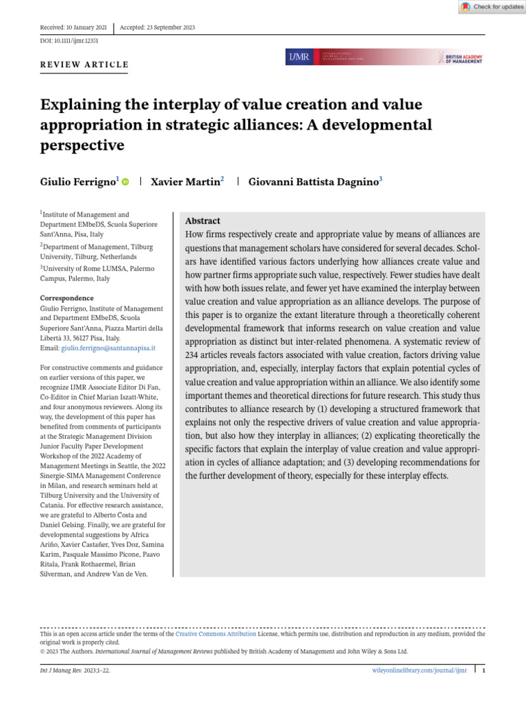 Value Creation and Appropriation in Alliances | PDF | Systematic Review ...