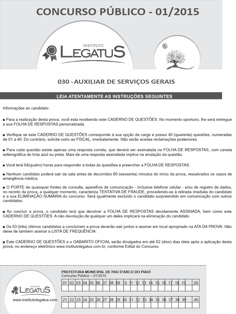 Prova Auxiliar de Serviços Gerais 2015 | PDF | Alimentos | Brasil