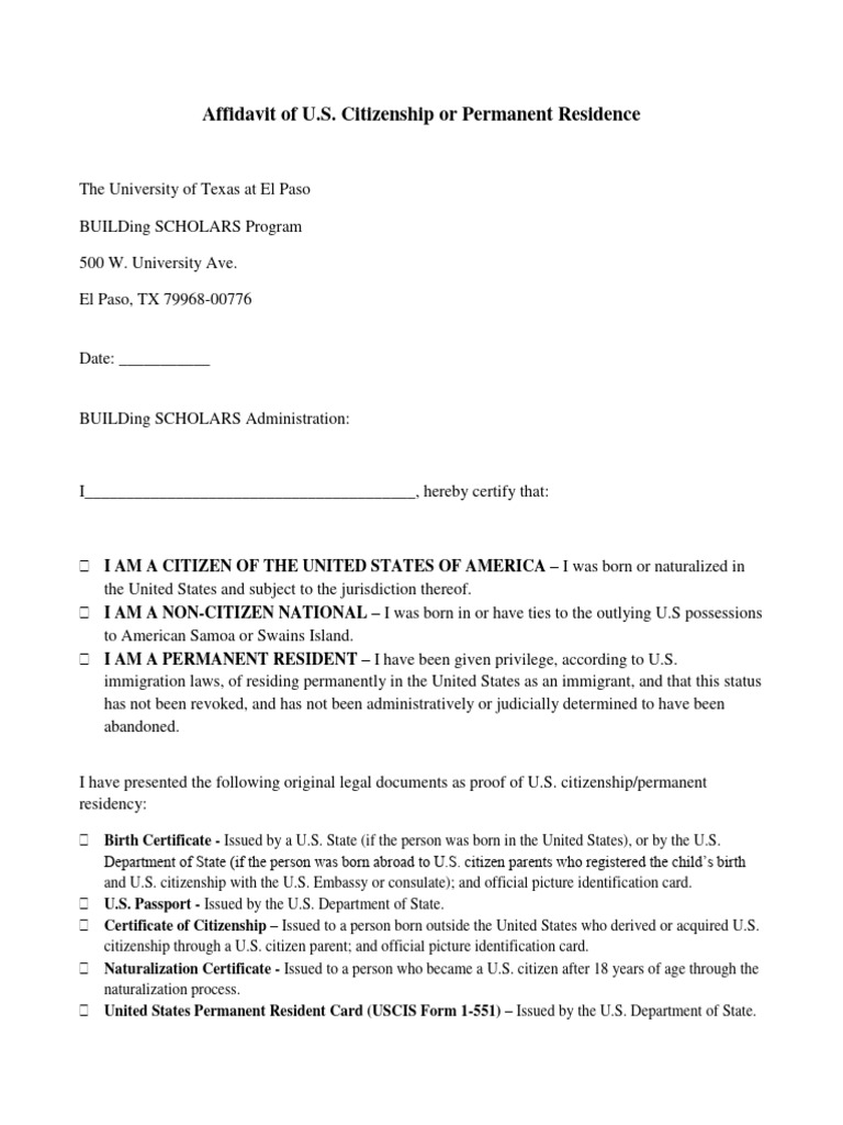 U.S. Citizenship Affidavit Template | PDF | Citizenship Of The United ...