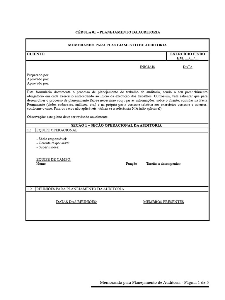 Mod memorando para planejamento de auditoria pdf contabilidade