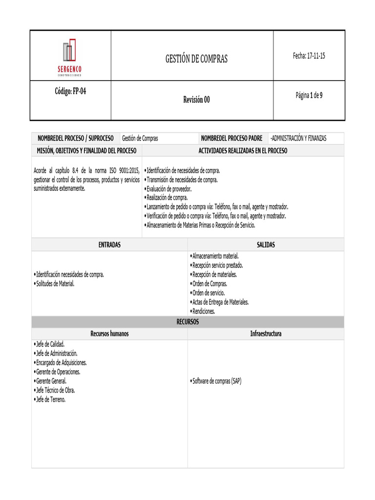 Proceso de Gestión de Compras ISO 9001 | PDF