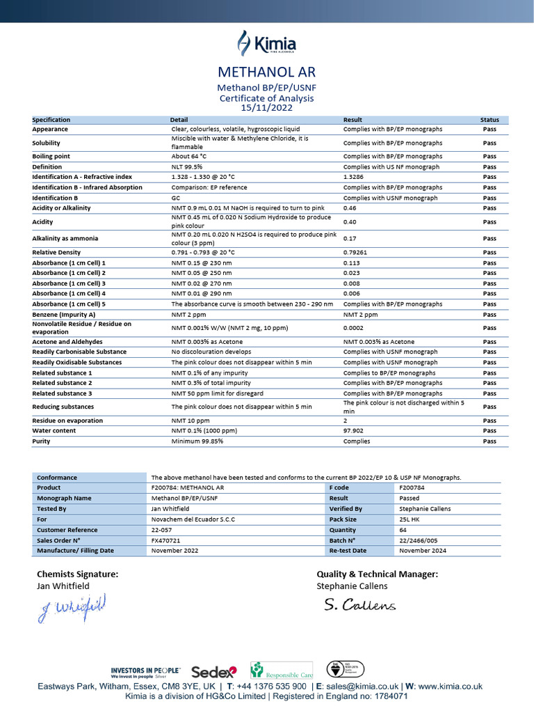 Methanol AR Certificate of Analysis | PDF | Sodium Hydroxide | Chemistry