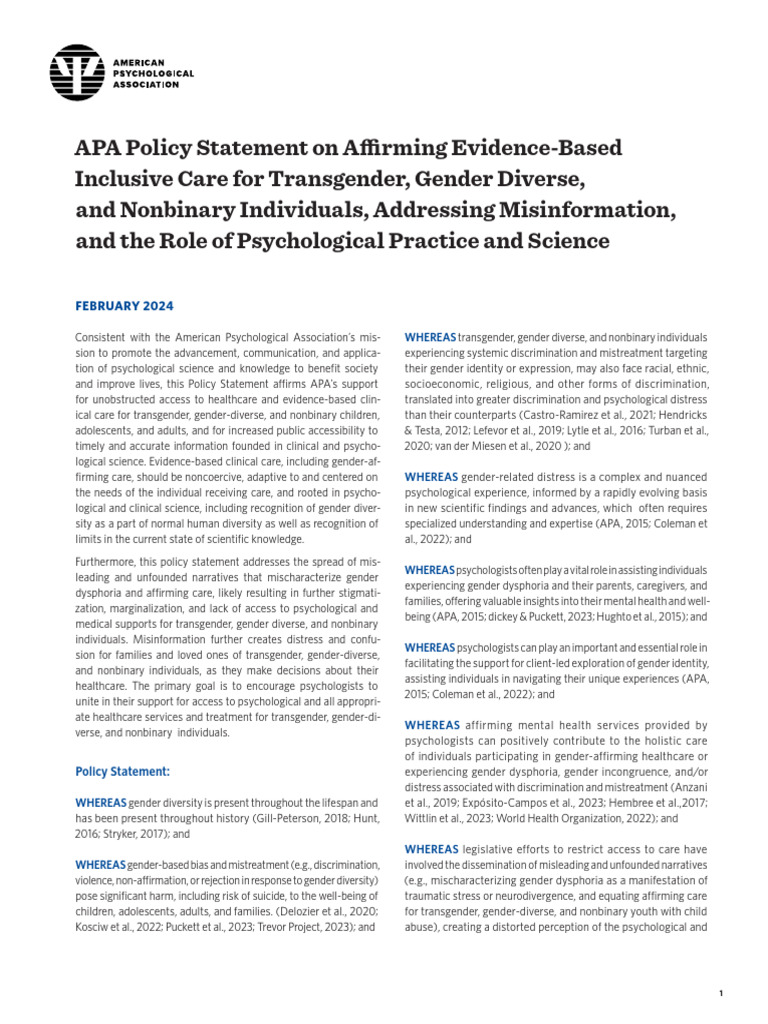 APA Policy on Inclusive Care for Transgender Individuals | PDF ...