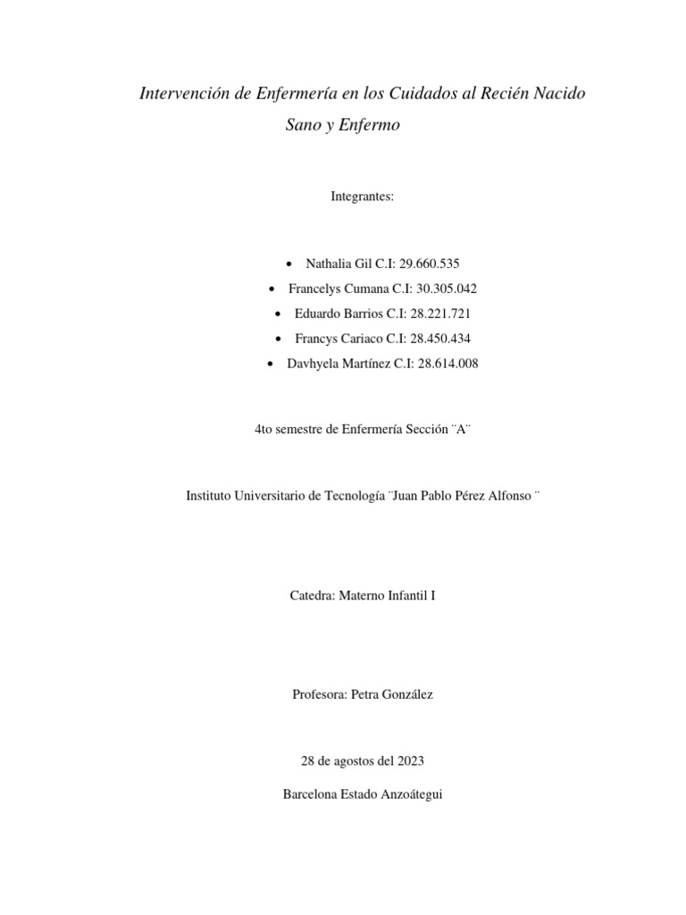 Intervención De Enfermería En Los Cuidados Al Recién Nacido Sano Y