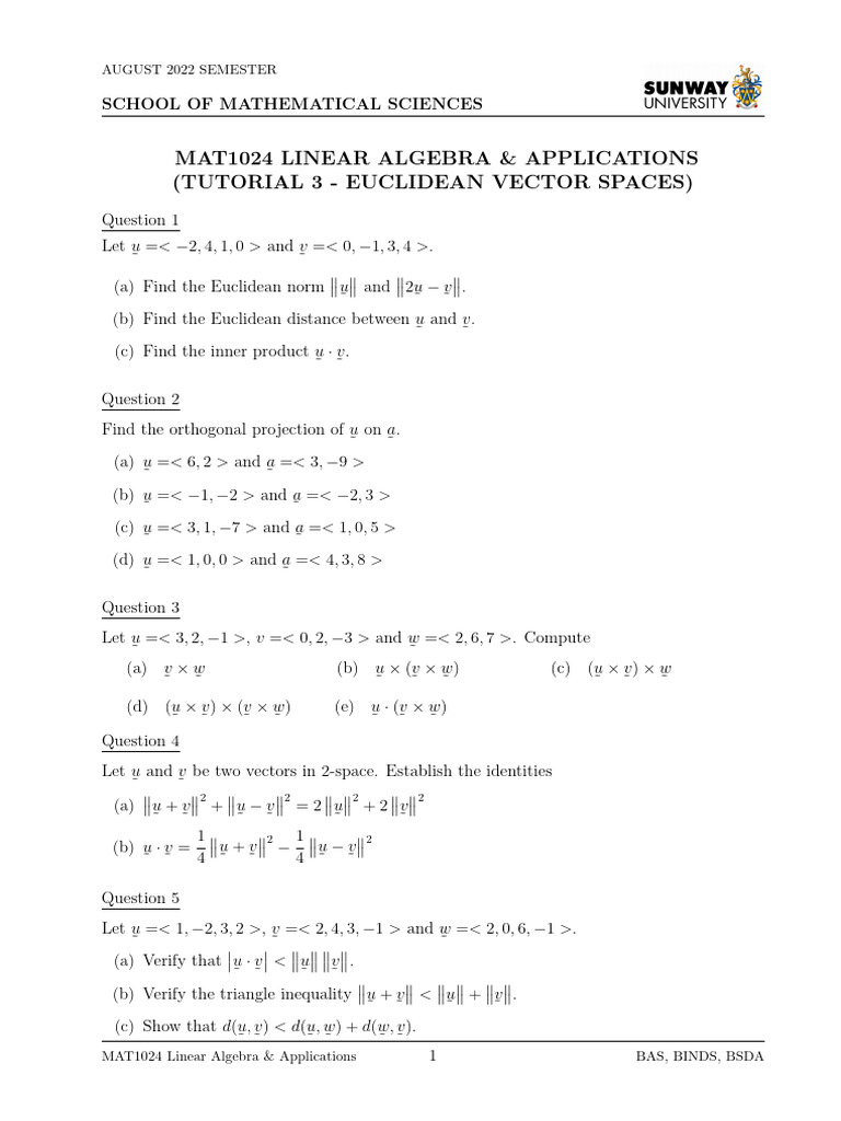 MAT1024 Linear Algebra Tutorial 3 | PDF | Euclidean Space | Vector Space