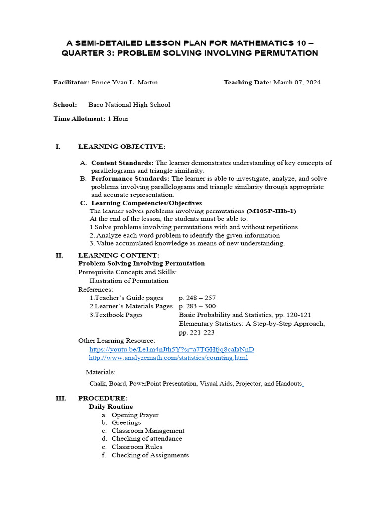 Math 10 Lesson Plan: Permutations | PDF | Learning | Permutation