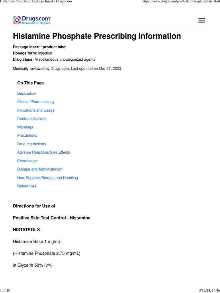 Histamine Phosphate Package Insert | PDF | Injection (Medicine) | Allergy