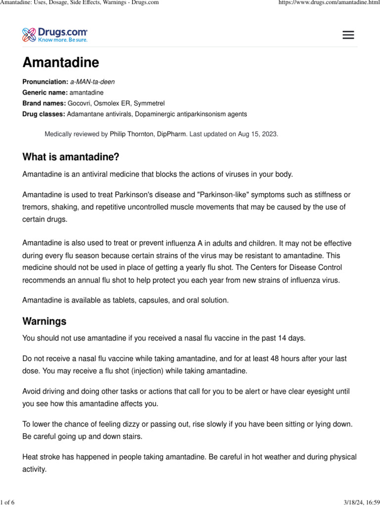 Amantadine uses dosage side effects warnings drugs pdf