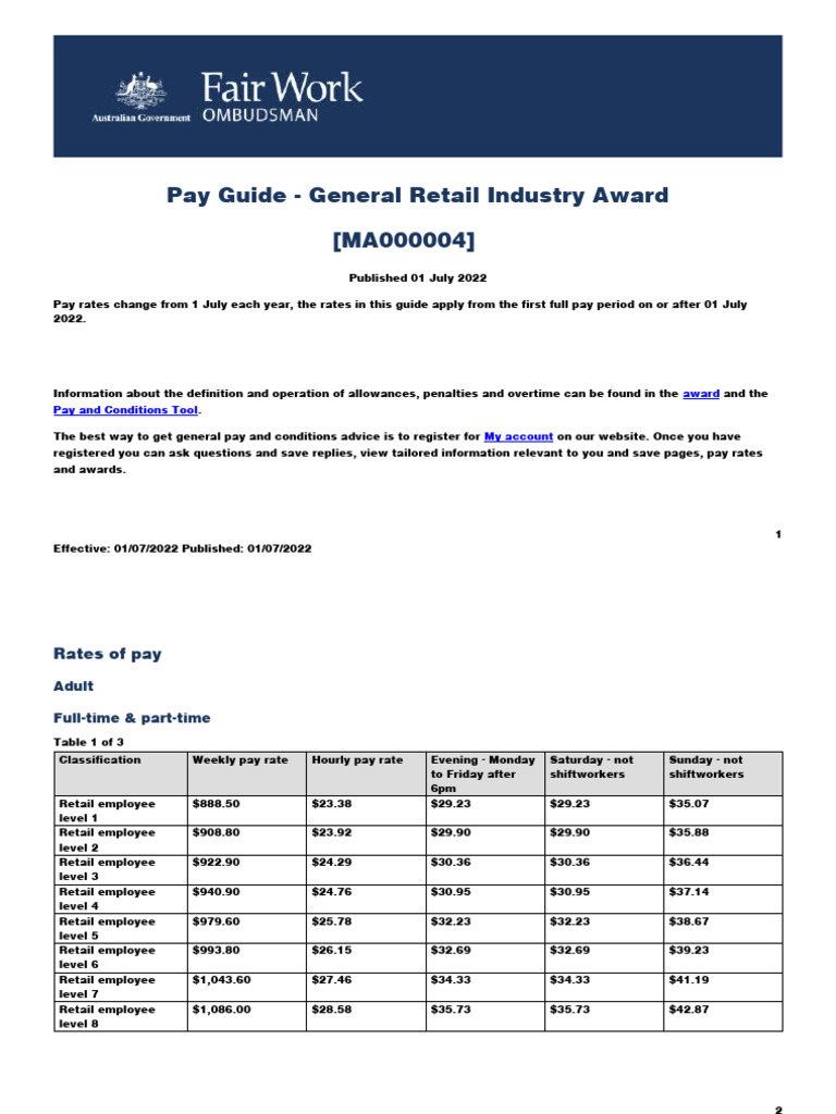 General Retail Industry Award Ma000004 Pay Guide PDF Overtime Apprenticeship