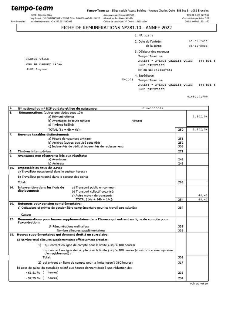 Fiche de Rémunération 281.10 - 2022 | PDF | Heures supplémentaires | Emploi