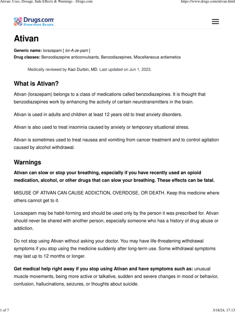 Ativan uses dosage side effects warnings pdf dose biochemistry