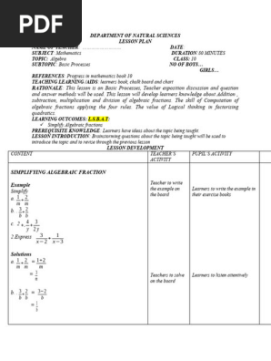Grade 10 Mathematics Algebra - Basic Processes 10 Editable Lesson Plan