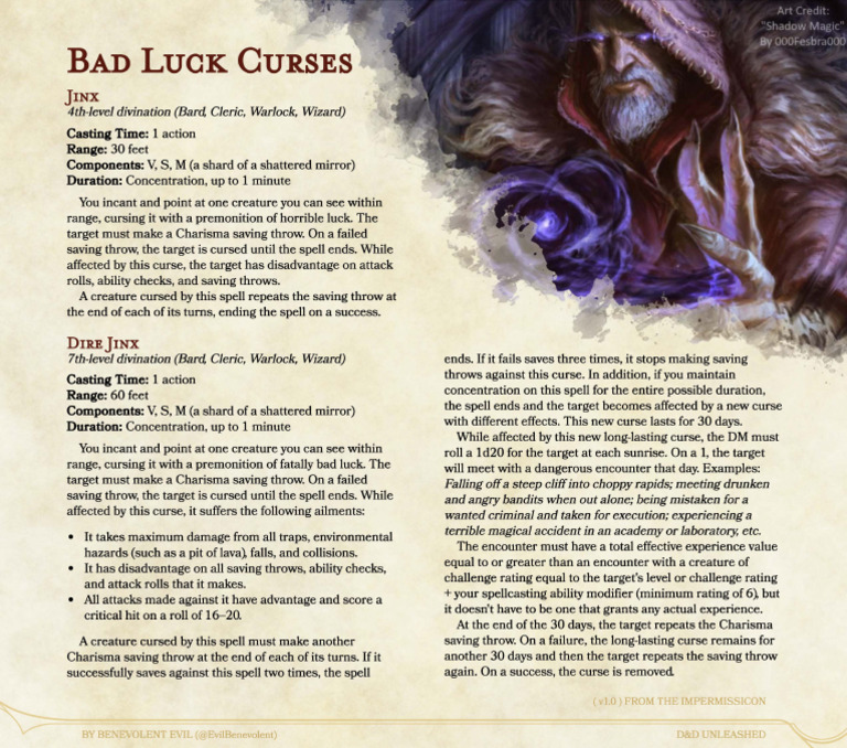 Bad Luck Curses in D&D Spells | PDF