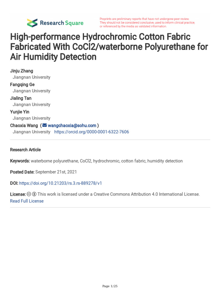 Smart Hydrochromic Cotton Sensors | PDF | Polyurethane | Tetrahydrofuran