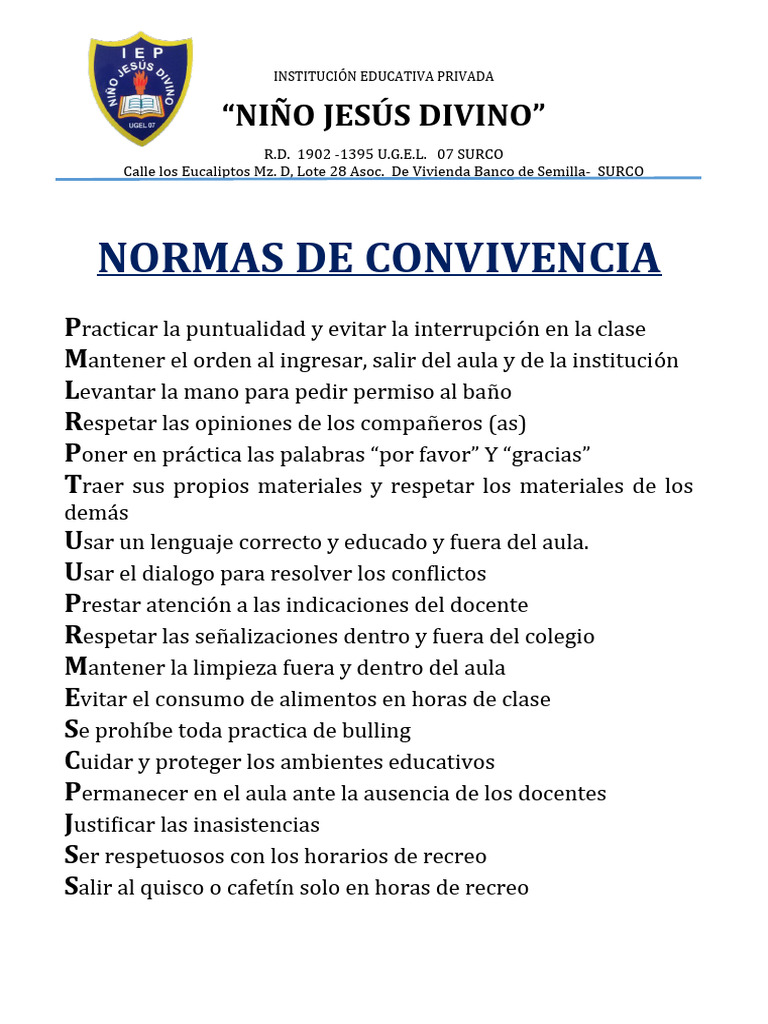 Normas de Convivencia Escolar Niños Jesús | PDF | Salud y bienestar