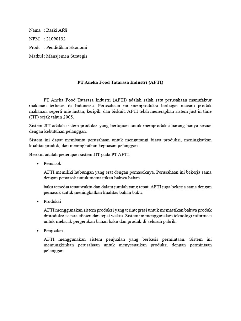 Penerapan JIT di PT AFTI: Manfaat dan Efisiensi | PDF