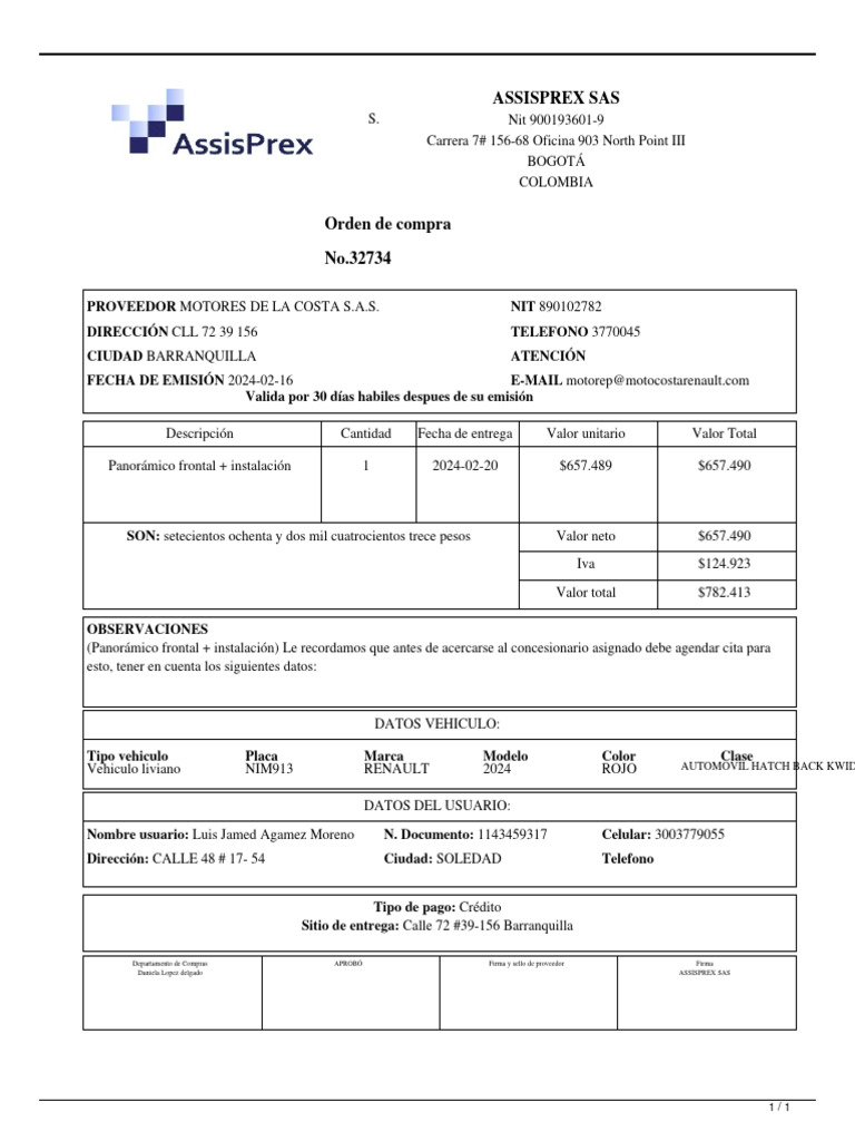 Orden de Compra Assisprex SAS | PDF | Vehículo de motor | Vehículos