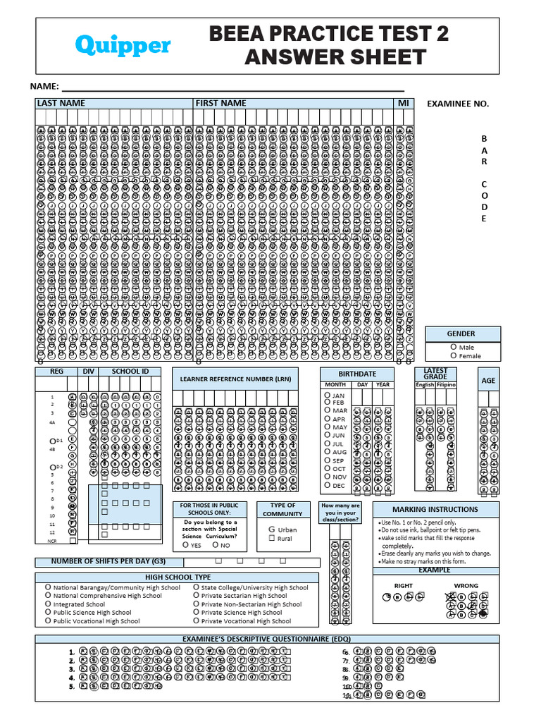 Beea Practice Test 2 Answer Sheet: Name: Examinee No. Last Name First ...