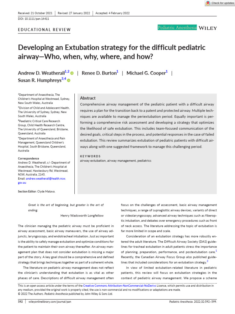 Pediatric anesthesia 2022 weatherall developing an extubation