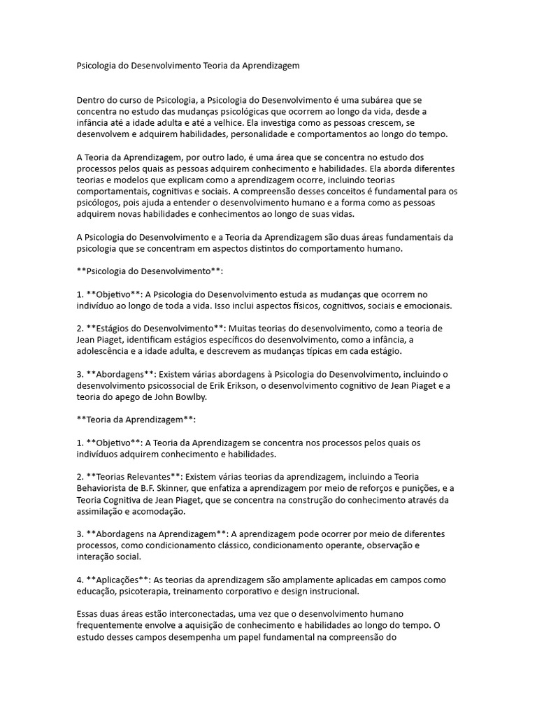 Psicologia do Desenvolvimento e Aprendizagem | PDF | Teoria do Apego ...