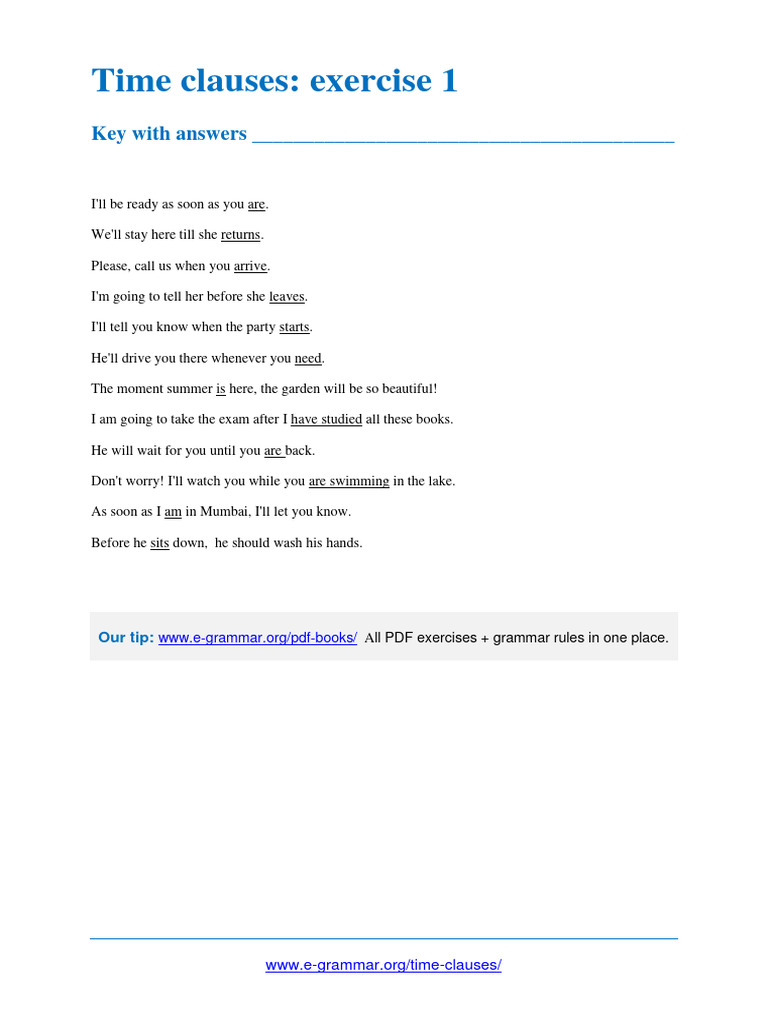 Time Clauses Exercise 1 Key PDF