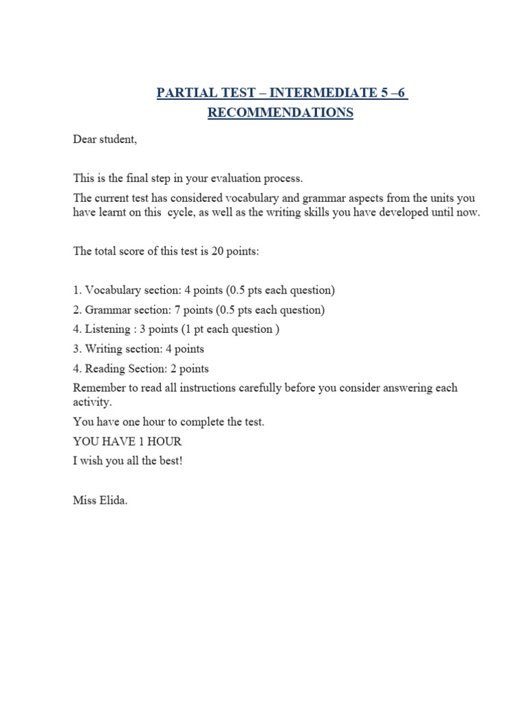 Intermediate 5-6 Partial Test Guide | PDF | Fear | Emotions
