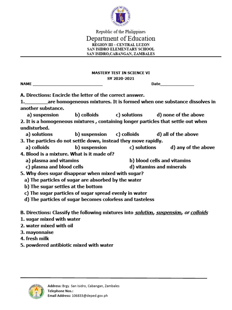 Mastery test with letterhead pdf mixture chemistry