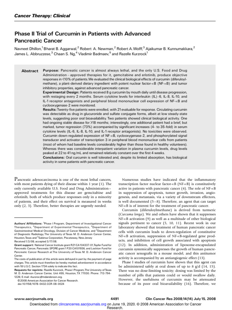 Phase II Trial of Curcumin in Patients With Advanced Pancreatic Cancer ...