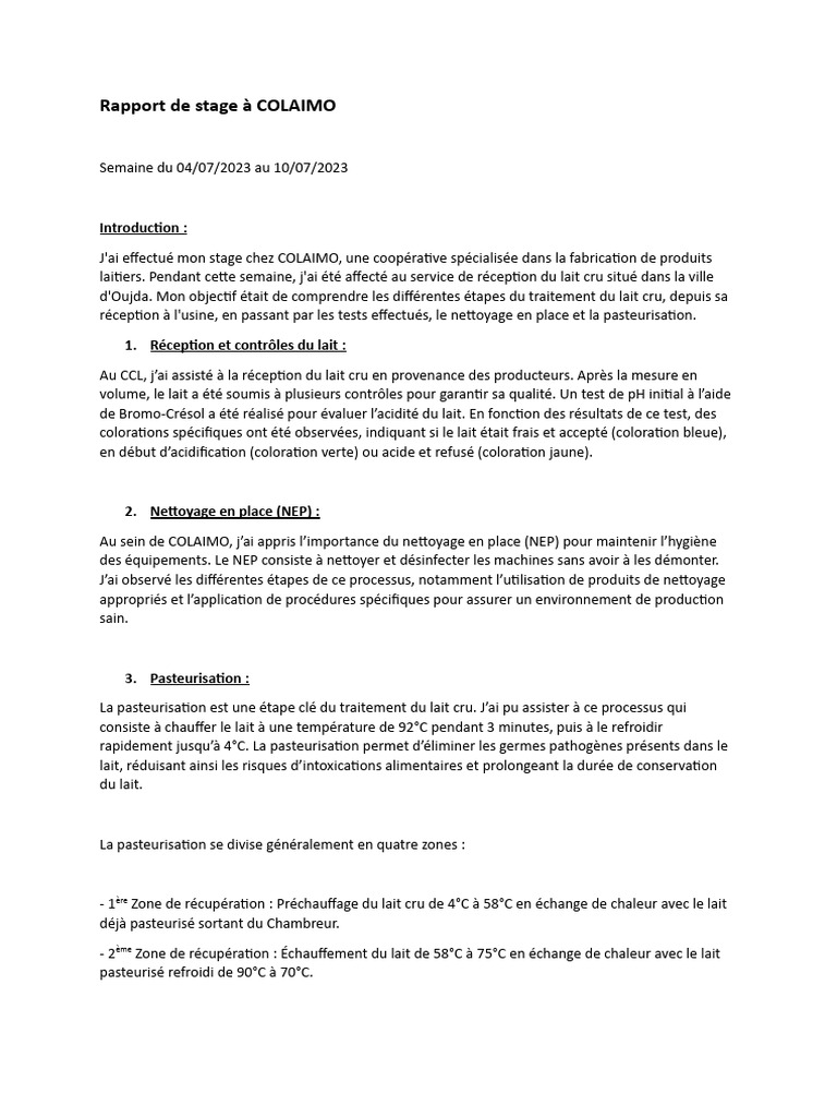 Stage chez COLAIMO : Traitement du lait | PDF