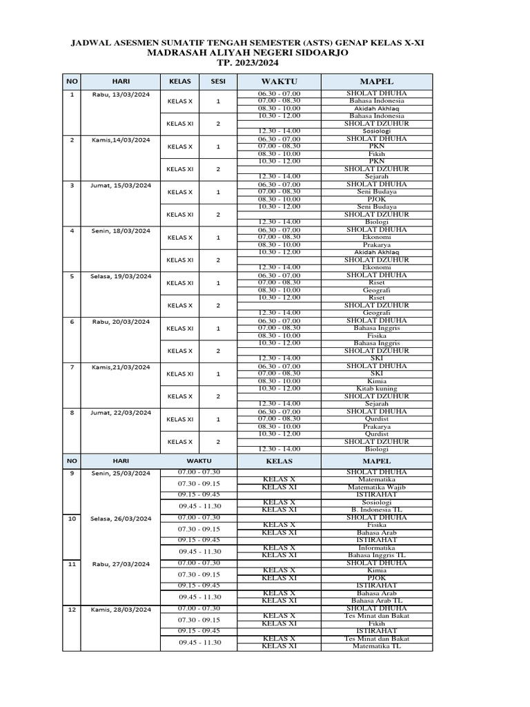 Jadwal Asts X Xi Genap 2024 Pdf