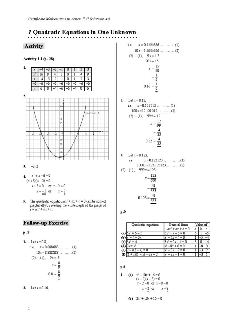 4ACh01 (Quadratic Equations in One Unknown) | PDF | Quadratic Equation ...