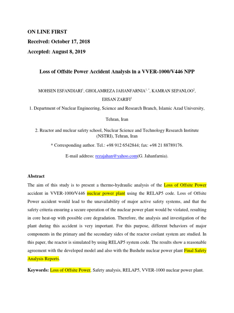 Loss of Offsite Power Accident Analysis in A VVER | PDF | Nuclear Power ...