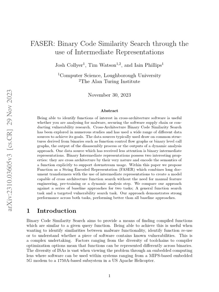 Faser binary code similarity search through the use of intermediate